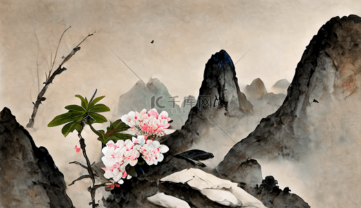 杏花ai背景图片_中国风花鸟山水背景