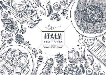 英雄背景图片_意大利食品顶视图插图。斯帕佩蒂和拉维奥利表背景。雕刻风格插图。英雄形象。矢量插图