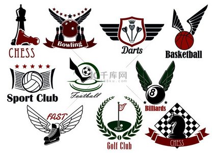体育比赛复古徽章设计用于竞技体育比赛，如橄榄球或英式足球、篮球、冰球、高尔夫、国际象棋、排球、飞镖、保龄球和台球。