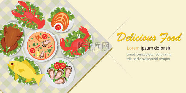 arrow左背景图片_美味的午餐菜单,包括鸡肉沙拉和海鲜.