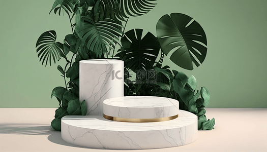 渲染植物背景图片_电商展台3D渲染大理石台面