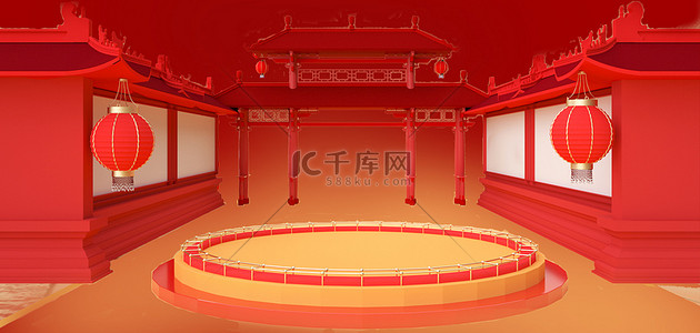 全球电商背景图片_年货节舞台红色C4D电商