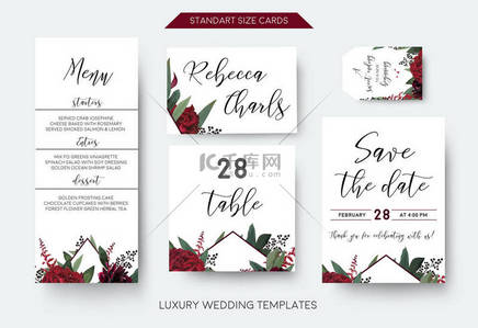 婚礼个人菜单, 表号, 标签保存日期贺卡设置。矢量水彩花花束装饰框架设计: 红色勃艮第玫瑰花, 绿叶桉树枝和浆果