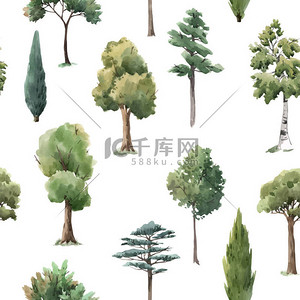 水彩树背景图片_水彩矢量树无缝模式森林橡木桦树，thuja linden baobab松树