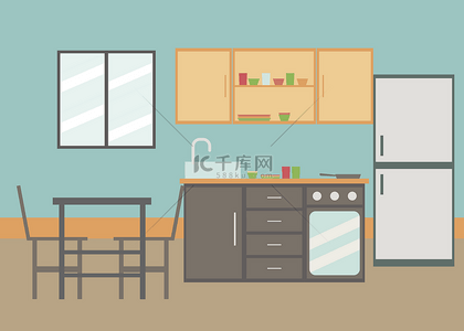 家具矢量图形背景图片_时尚舒适厨房背景餐厅插画