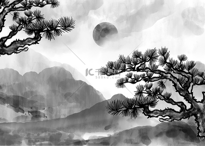 水墨天空背景图片_松树灰色云朵涂鸦装饰背景