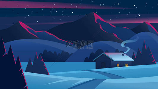 圣诞夜景与山和一个孤独的小屋。圣诞前夜景观。舒适的房子在冬天的森林。冬天风景向量.