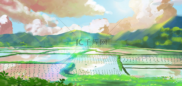 宏大的云彩背景图片_夏天田野粉色卡通手绘海报