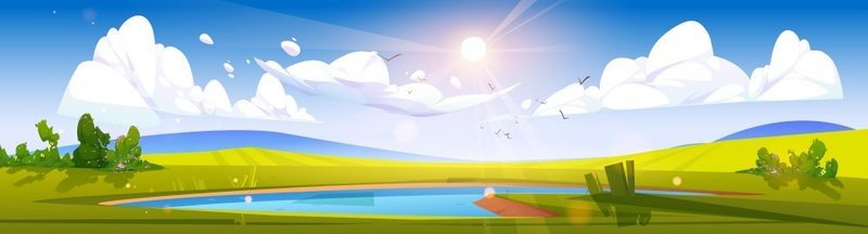 卡通自然景观白天时间池边是绿树成荫的田野蓝天白云以湖泊为背景的风景自然景观矢量插图卡通自然景观白天时间背景