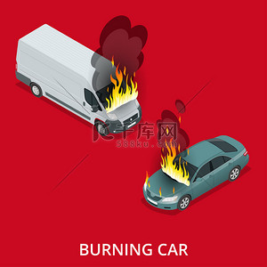 招手等车背景图片_燃烧的汽车在路上。突然大火吞没了这辆车。平面的 3d 矢量等轴图.