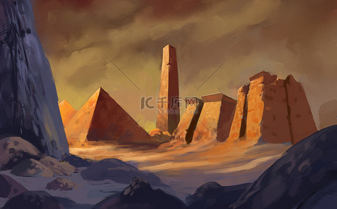 埃及守卫背景图片_彩色幻想艺术背景下的古代埃及金字塔建筑的数字绘画.数字风景画