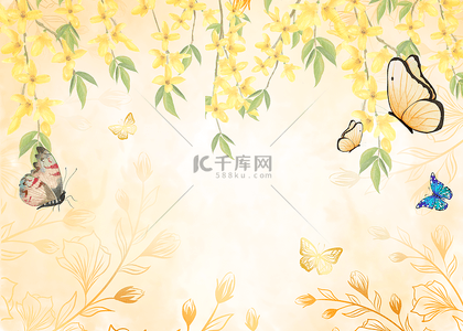 婚礼手绘花卉背景图片_蝴蝶花卉金色植物叶片黄色花卉背景