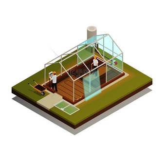 温室电缆支撑设施施工过程等距构图2名工人安装玻璃板矢量插图温室设施施工等距图组成
