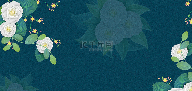 简约蓝色清新花朵背景图片_山茶花夏季花朵蓝色简约电商海报背景