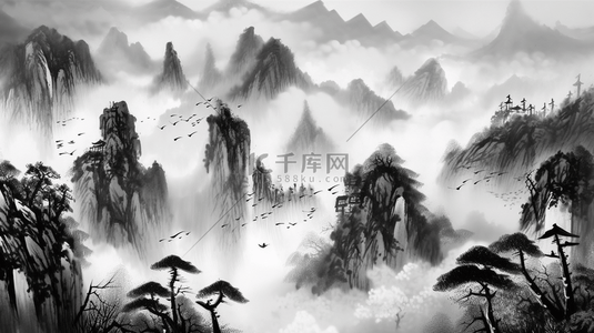 中国风水墨松树风景
