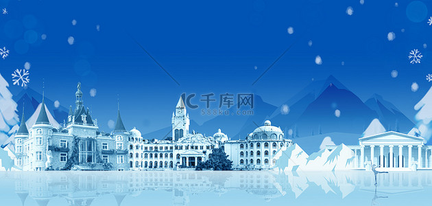 雪天树挂背景图片_冰雪城市山脉蓝色