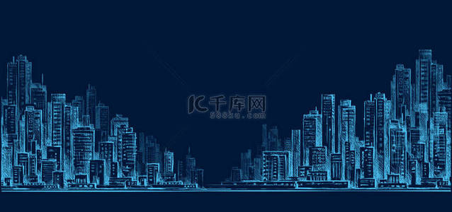 蓝色建筑图背景图片_到了晚上，城市天际线全景手绘制城市景观、 绘制建筑图