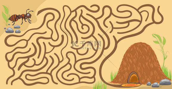极速到达背景图片_儿童迷宫游戏。 帮助小蚂蚁到达他的蚁丘. 
