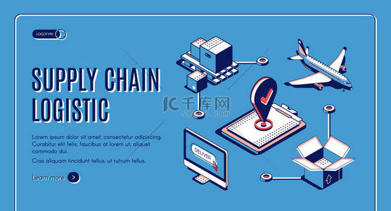 交付背景图片_供应链物流等距着陆页，飞机货物运输，货物交付流程，出口，全球进口，全球贸易网络，业务3D矢量插图，线条艺术，横幅.