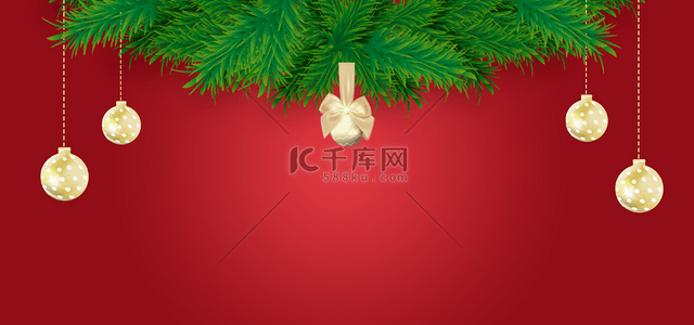 鼠年背景图片_圣诞节装饰绿色植物与亮白灯球红色背景