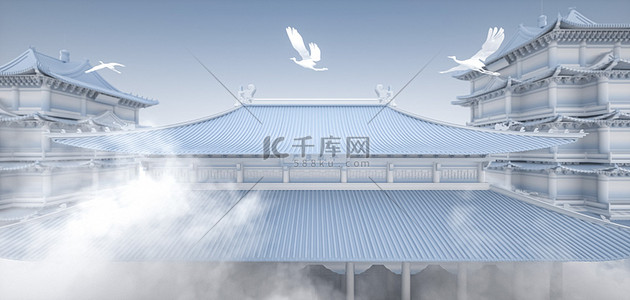 古代宫殿背景图片_中国风建筑立体古风蓝色C4D模型