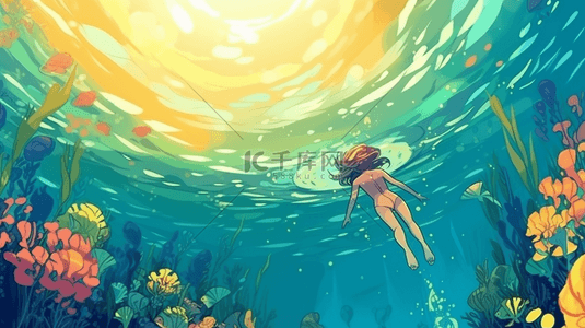 卡通手绘海藻背景图片_卡通手绘夏天唯美海边潜水游泳背景