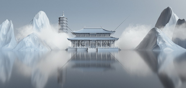 中国白色背景图片_立体简约中式山水白色C4D立体背景