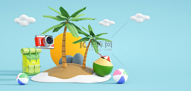 沙滩椰树背景图片_夏季椰树沙滩c4d