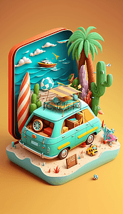 彩色海边背景图片_彩色小汽车3D立体休闲度假