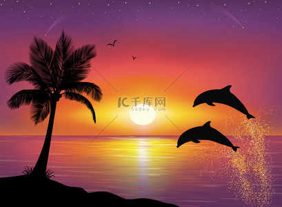 跳跃的海豚背景图片_两个海豚跳跃的水在海洋和轮廓的棕榈树在前景中的剪影。美丽的夕阳和星在海滨的背景.