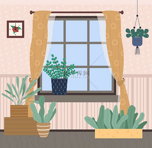 客厅内部有不同的绿色植物，带窗帘的窗户，悬挂的室内植物，公寓设计，家里种植的绿色植物，花盆里的天然生态植物，墙上的时钟装饰。