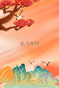 国潮树林红色中国风仙鹤风景