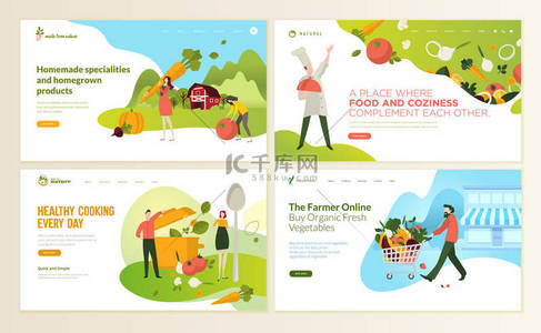 餐厅矢量背景图片_一套网页设计模板为有机食品和饮料, 天然产品, 有机食品, 餐厅, 在线商店。网站和移动网站开发的矢量插图概念. 