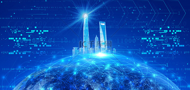 蓝色城市地球科技背景图片_科技城市蓝色商务风大气背景