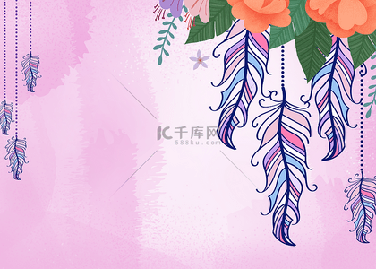 夏季复古海报背景图片_粉色紫色羽毛背景