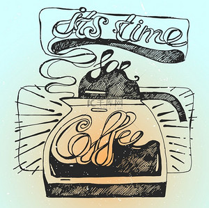上午时间背景图片_它的时间咖啡复古风格化的粗壮海报插图黑水壶与咖啡与字母.