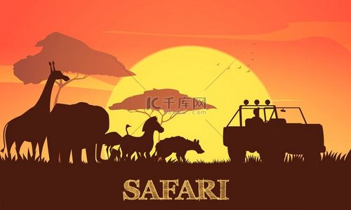 美丽的非洲日落野生动物园背景海报与长颈鹿大象斑马金合欢树和吉普剪影矢量图