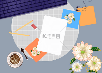 笔记本装饰背景图片_灰白格纹花卉电脑工作台背景