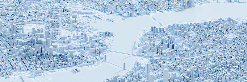 3d 蓝色城市和未来城市建筑模型与桥梁和海洋  