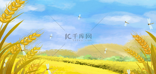 蜻蜓卡通背景图片_小满 田野金色卡通节气海报