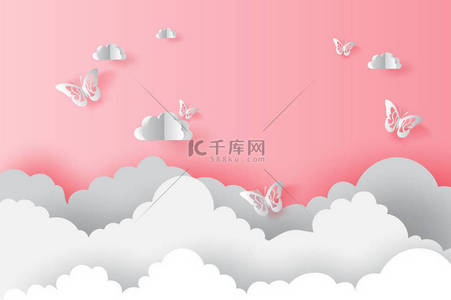 粉红云彩背景图片_粉红情人节上有蝴蝶的纸艺术云彩 