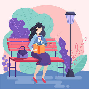 女商人背景图片_女商人在休息时间在公园里看书,带外卖咖啡,平面矢量插图