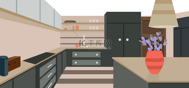 扁平城市插画背景图片_卡通厨房室内家具背景