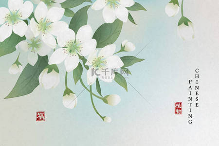 梨花背景图片_中国水墨画艺术背景,植物典雅的梨花.中文译文：植物与祝福.