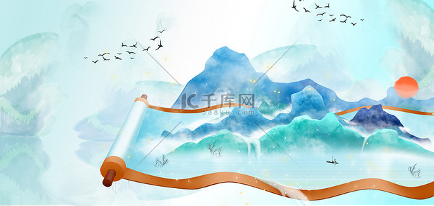 白云山水背景图片_卷轴各种形象蓝色中国风