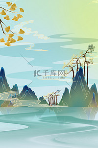 古风山脉背景图片_中国风山水绿色国潮背景