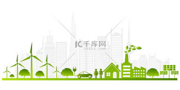 生态概念与地球上的绿色城市.可持续发展世界环境概念，病媒说明