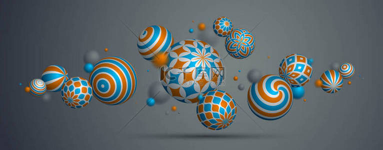 文摘:球体矢量背景，带花纹的飞行球的组成，带装饰物的三维杂色真实球，场效应的真实感深度.