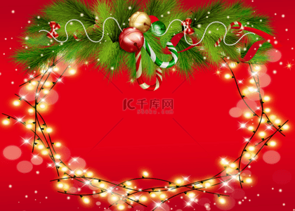 圣诞树叶星星背景图片_圣诞节灯串圆环红色背景