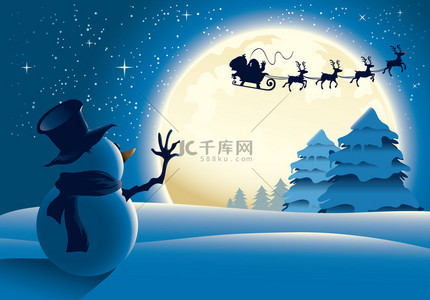 冬季背景与雪人背景图片_向圣诞老人雪橇招手的孤独雪人